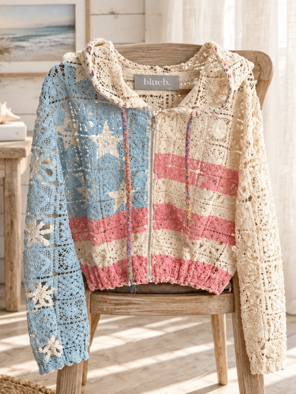 Crochet Zip Bomber Jacket -Hoody, Elastic Cuffs & Elastic Waist. COTTON Sz Large